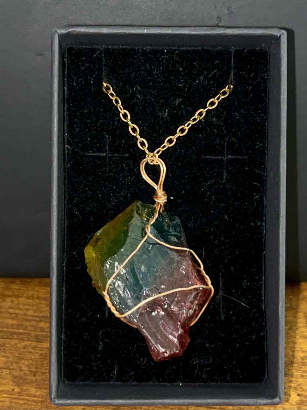 Gold-Wire Wrapped Multicolor Crystal Pendant Necklace - Green Blue Red